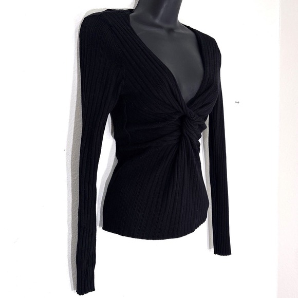 MNG Black Ribbed Twist Front V Neck Long Sleeve Top XL Layer Capsule Minimalist - Picture 4 of 12